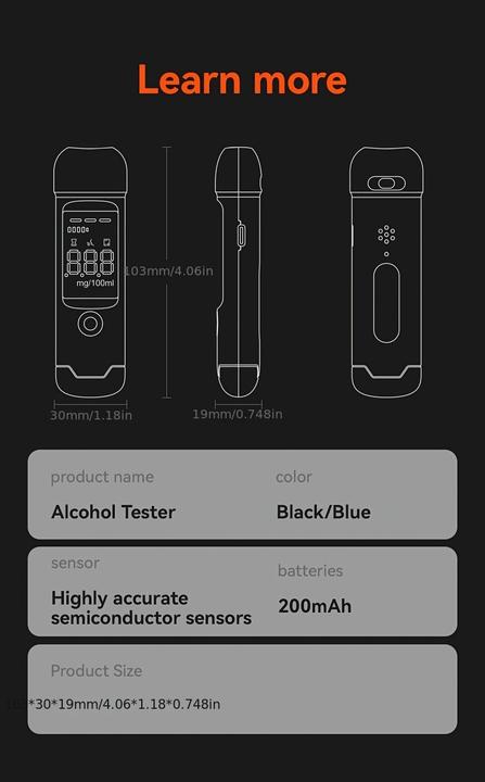 Produktbild PhoneLook Digitaler Alcootest tragbares Atemalkoholmessgerät mit LCD-Display (USB-C, wiederaufladbar)