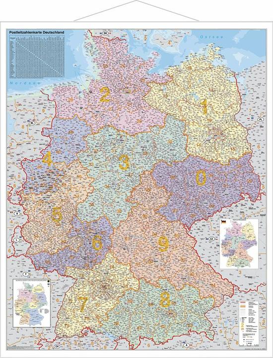 Actual product image Postleitzahlen-Karte Deutschland 1 : 750 000. Wandkarte Grossformat mit Metallstäben