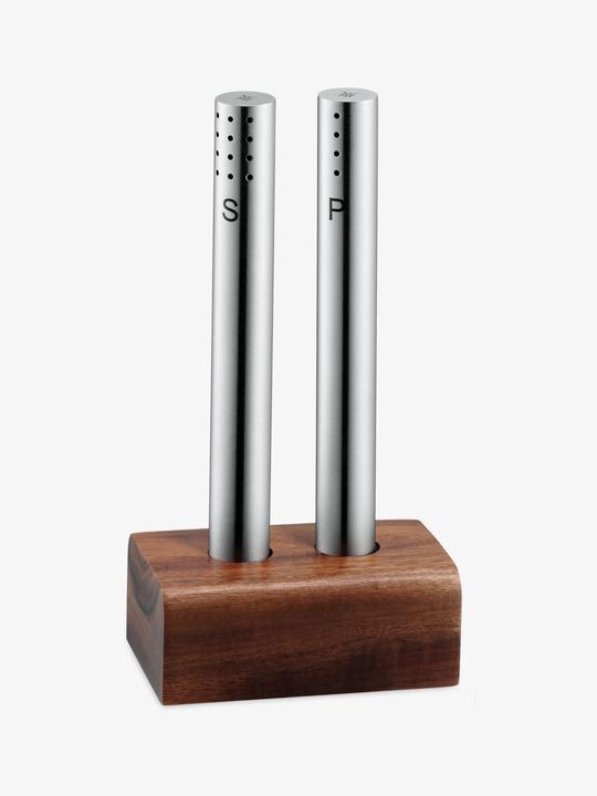 Produktbild WMF Salzstreuer und Pfefferstreuer Set 3-teilig Cromargan Edelstahl mattiert mit Holz-Ständer (Pfeffer, Salz)