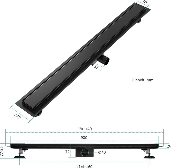 Actual product image Emke Stainless Steel Shower Drain Channel, Complete Set with Siphon+Odour Stop+Hair Catcher, 900cm, Black (900 mm)
