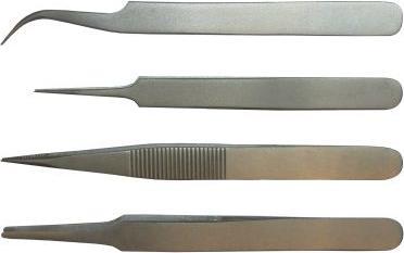 Actual product image Rs Pro KIT 4-1T Austenitic Steel Tweezers Set, 110 mm, 120 mm, Tip Curved, Fine Rounded, Sharp