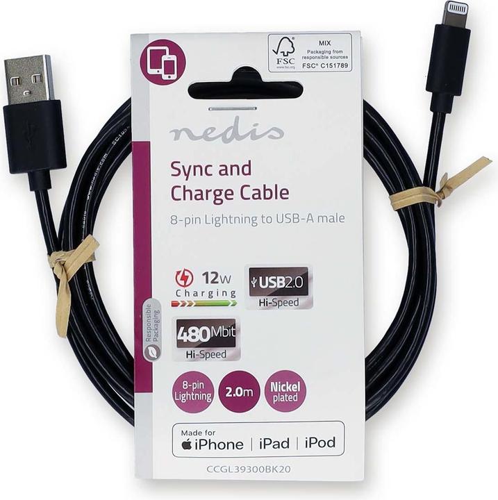 Produktbild Nedis Lightning Kabel | USB 2.0 | Apple Lightning 8-Pin | USB-A Stecker | 480 Mbps | Vernickelt | 2. (2 m, USB 2.0, 12 W)