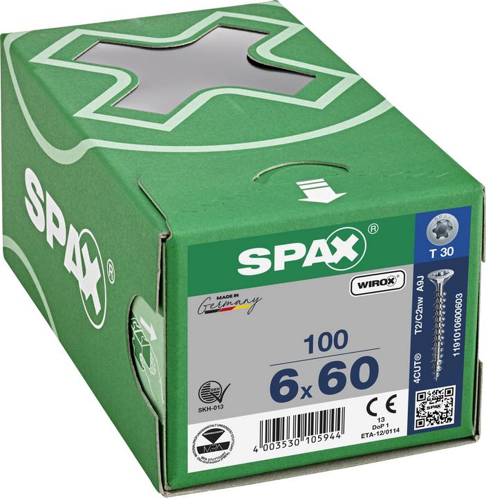 Image du produit Spax Vis universelle, 6 x 60 mm, 100 unités, Filetage total, Tête fraisée, T-STAR plus T30, 4CUT, WIROX (100 Vis par pièce)