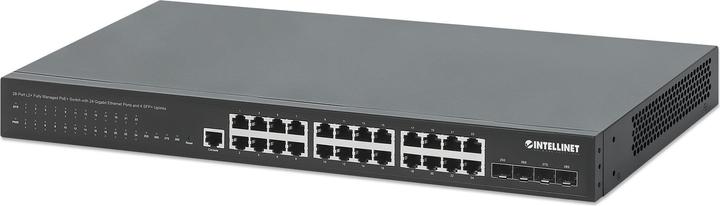 Actual product image Intellinet 28-port L2+ Fully Managed PoE+ switch with 24 Gigabit Ethernet ports and 4 SFP+ uplinks (28 Ports)