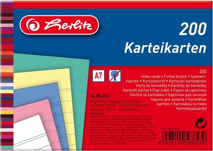 Actual product image Herlitz Index cards, DIN A7, lined, assorted colours made of paper, 170 gsm, wood-free, line colour: blue (A7, 175 g/m², 200 x)