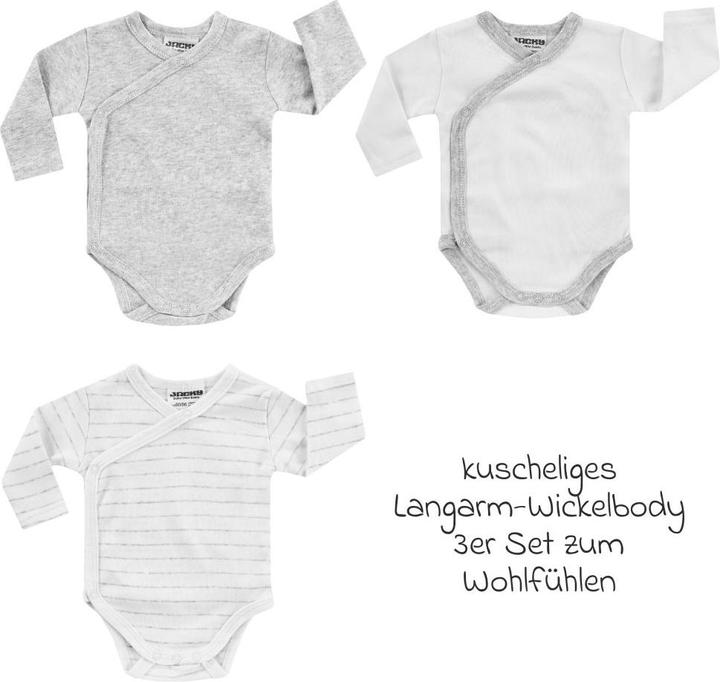 Immagine prodotto Jacky Baby Body avvolgente a manica lunga 3 pezzi - grigio melange, body per bambini a righe e body avvolgenti (62, 68)