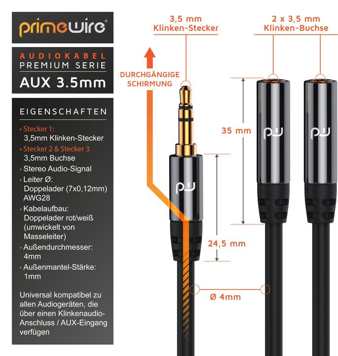 Actual product image Primewire 3.5mm jack to 2x 3.5mm jack audio adapter, 15 cm, stereo audio AUX to 2x jack Y-adapter (0.15 m, 3.5mm jack (AUX))
