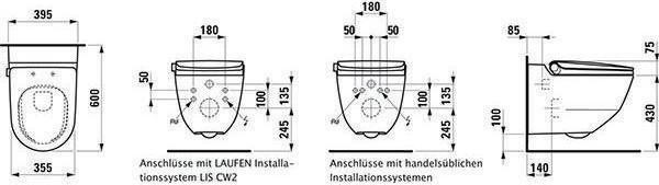 Actual product image Laufen Wall-mounted shower toilet CLEANET RIVA deep 4.5/3 l flush riml 355x600mm sw g