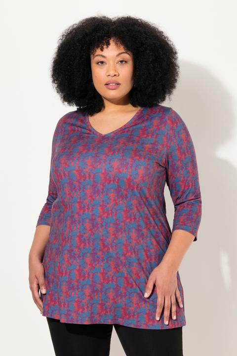 Immagine prodotto Ulla Popken Maglia dal taglio lungo e svasato con design batik, scollo a V e maniche a 3/4 (60)