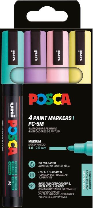 Actual product image Posca Marker UNI PC-5M 4er Set Soft Col (Lavender, light pink, Light yellow, Aqua Green, 2.50 mm, 4 x)