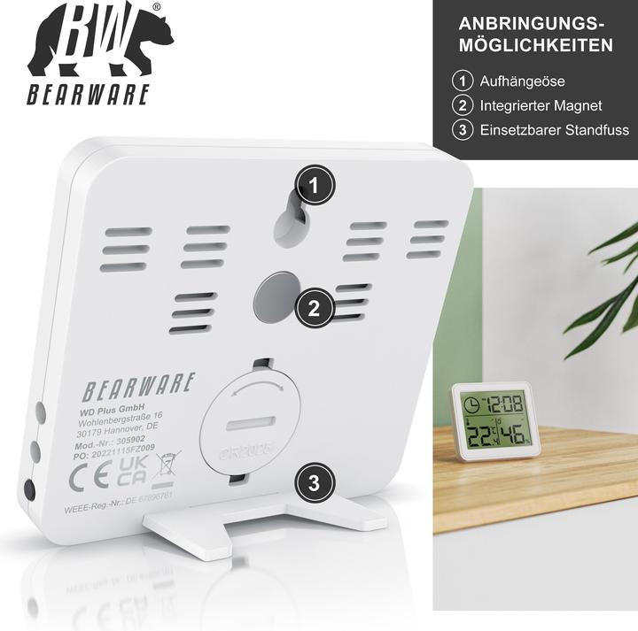 Image du produit Bearware Thermometer & Hygrometer, Temperatur, Luftfeuchtigkeit & Uhrzeit, Innenwetterstation, Magnethalter