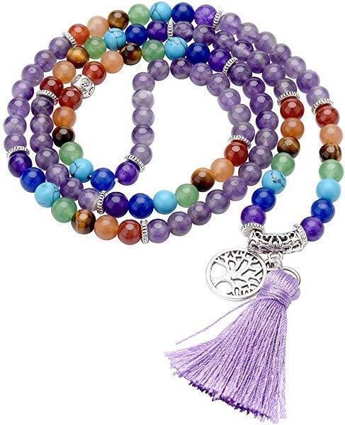 Saraswati Mala /"Chakra Lebensbaum/" 108 Amethyst- und Chakra Edelsteine mit Metall Anhänger (Deutsch, 2021)