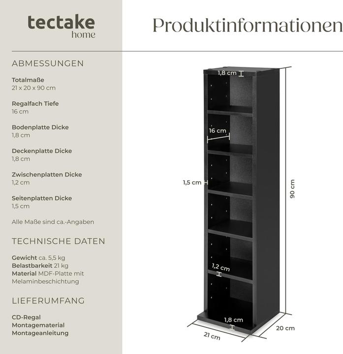 Produktbild tectake CD Standregal (21 x 20 x 90 cm)