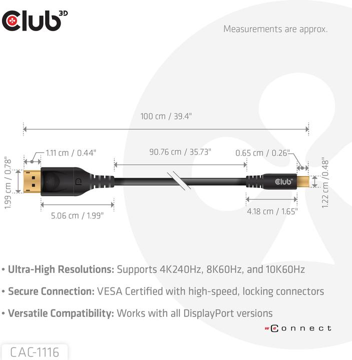 Actual product image Club 3D Club3D Cable Mini DP <> DisplayPort DP80 1m St/St retail (1 m, DisplayPort)