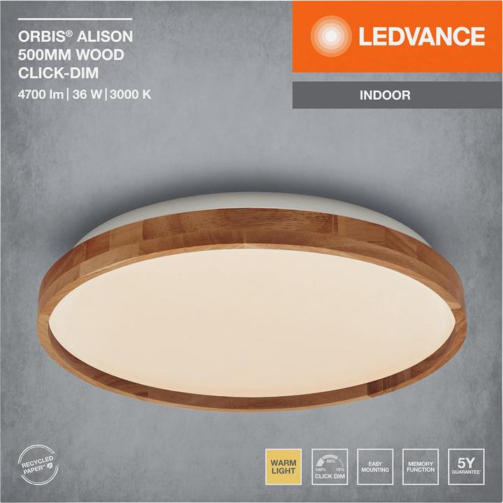 Image du produit Ledvance Plafonnier LED 4099854283604, avec anneau en bois, intensité lumineuse variable, 3000K (2600 lm)