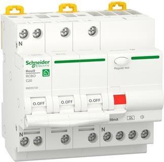 Produktbild Schneider Electric Resi9 XP RCBO/kombiafbryder 3PN C-karakteristik 20A 6kA 30mA klasse A 90mm
