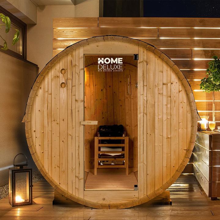 Produktbild Home Deluxe Outdoor Sauna Fasssauna AQUILA M - 195 x 120 cm für 2 Personen - Sauna mit 3,6kW Ofen (Plug & Play 3,6 KW interne Steuerung)