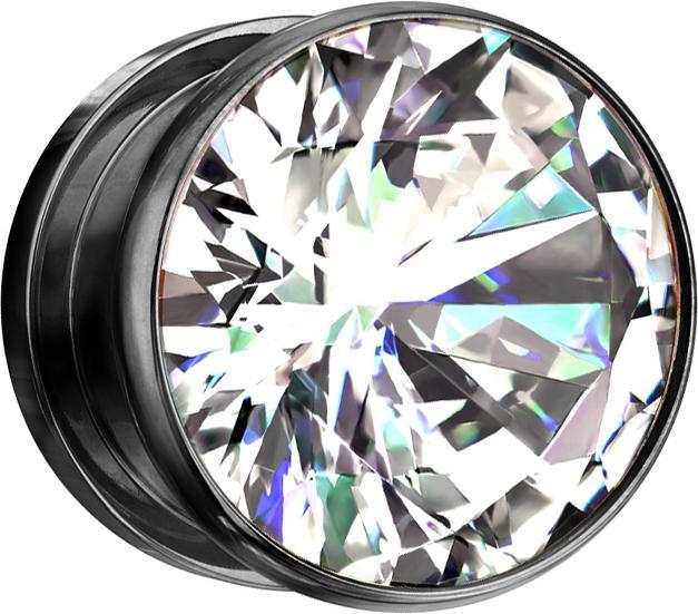 Star Piercing Flesh Plug schwarz mit grossem Kristall silber (ohne Messing, Chirurgenstahl 316L)