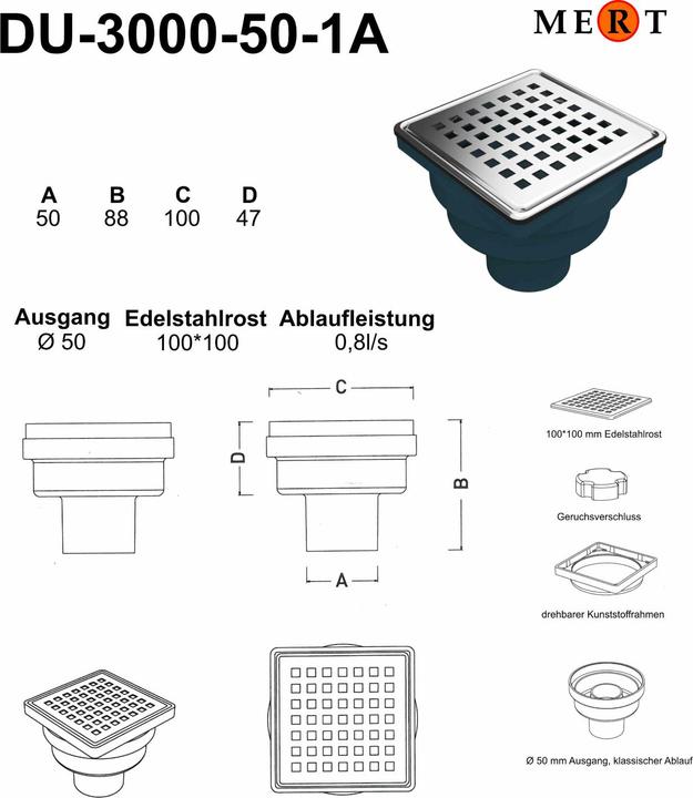Actual product image Mert Floor drain with stainless steel grate and frame "Square" 100x100 mm vertical