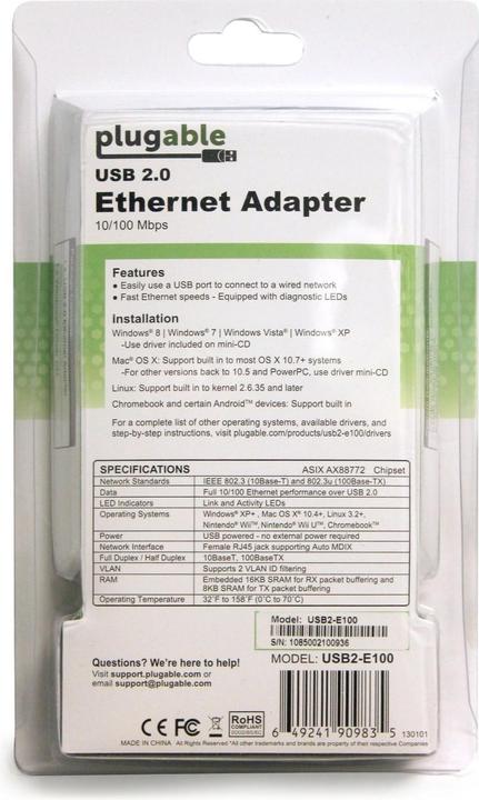 Actual product image Plugable USB 2.0 to Ethernet Adapter (USB, RJ45 (1x))