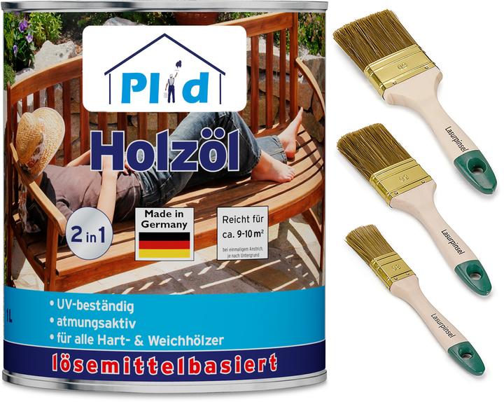 Produktbild Plid Holzöl 1L für ca. 10m² + Pinselset 3-tlg / Holz Pflegeöl Gartenmöbel (Bankirai, 1 l)