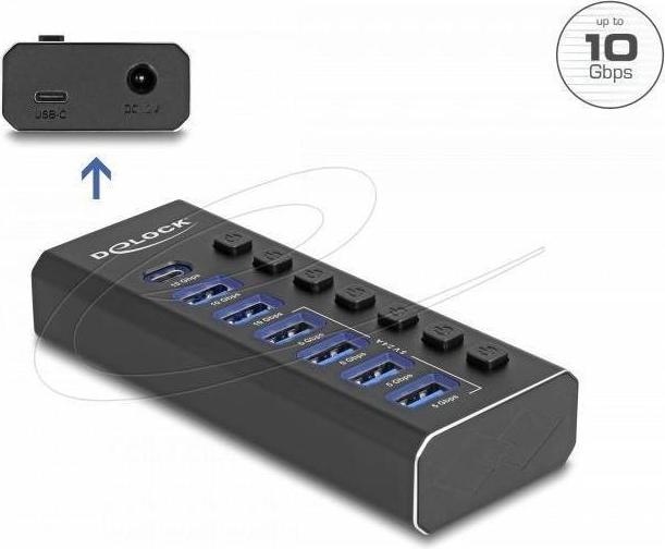 Productafbeelding Delock 7 Port USB Hub mit 3 Ports 10 Gbps und 4 Schnellladep (USB-C, 7 Havens)
