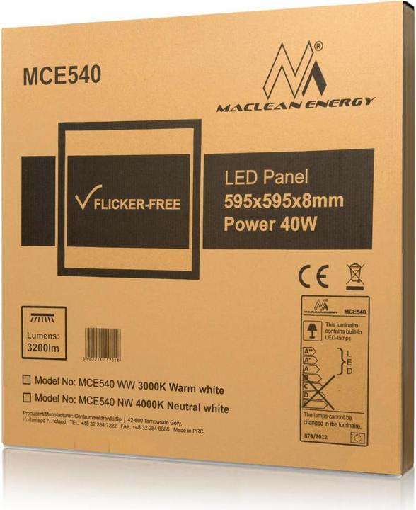 Image du produit Maclean Panneau LED suffixe fin 40W, 3200lm blanc chaud (3000K) Energy MCE540 WW 595x595x8mm (3200 lm)