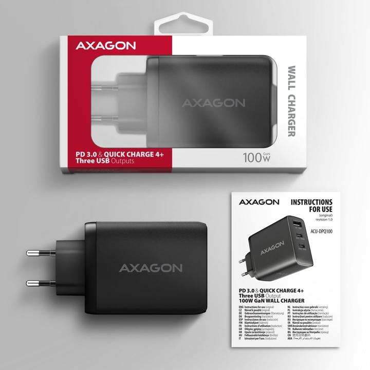 Actual product image Axagon ACU-DPQ100, GaN nabíječka do sítě, 3x port (USB-A + dual USB-C), PD3.0/PPS/QC4+/Apple (100 W)