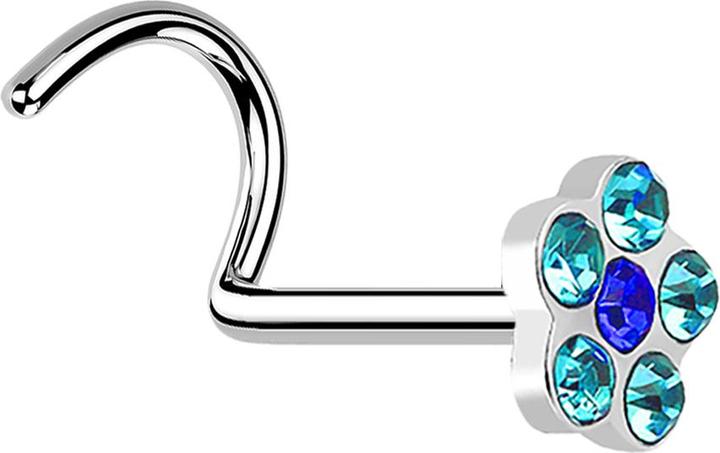 Actual product image Star Piercing Nasenstecker gebogen silber mit Blume und 5 Kristalle aqua (without brass, Surgical steel 316L)