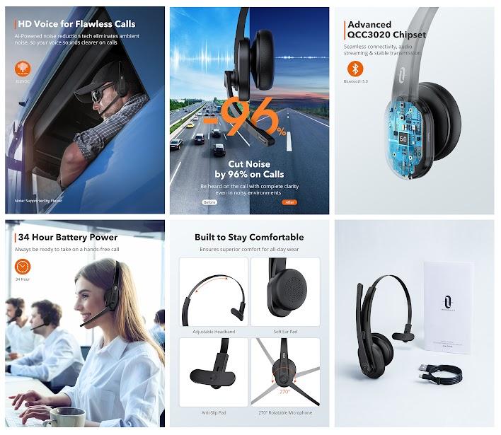Image du produit Taotronics Casque Bluetooth pour camionneur avec microphone, casque sans fil à réduction de bruit (Sans fil)