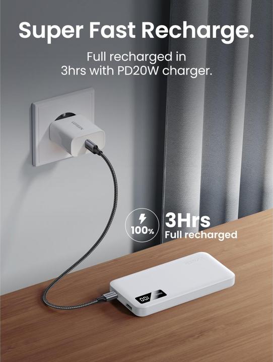 Actual product image Ugreen 10000mAh Two-way Fast Charging Powerbank White (10000 mAh, 22.50 W, 38.20 Wh)