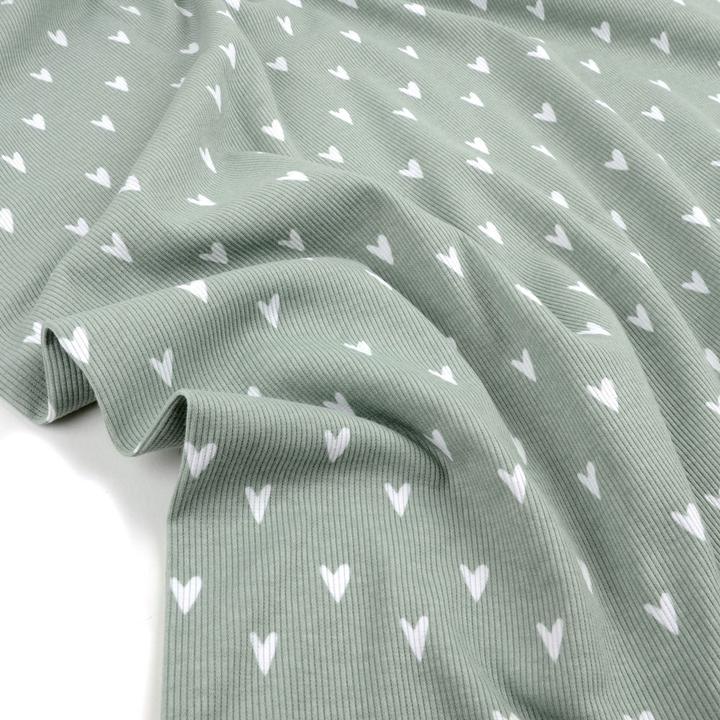 Würfel & Mütze Tygdrömmar Bio Ribjersey Hearts Sage