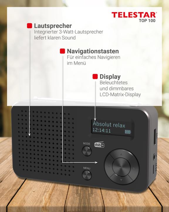 Actual product image Telestar TOP 100 sw portables Radio DAB+/UKW,Bluetooth,USB,Akku (FM, DAB+, Bluetooth)