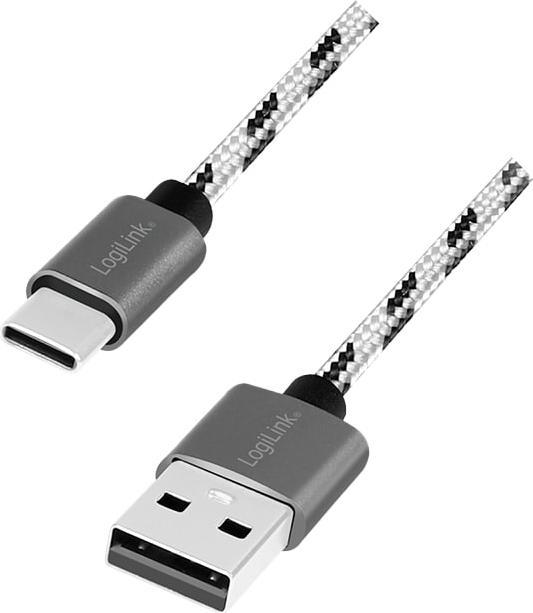 Produktbild LogiLink USB 2.0 Type-C Kabel-Set, C/M zu USB-A/M, Alu, Nylon, weiss/schwarz (2 m, USB 2.0, 10 W)