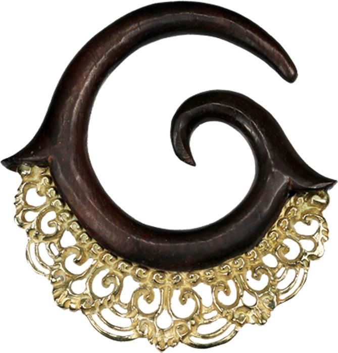 Star Piercing Ohrgewicht Spirale mit Kamm aus Narra Holz (Organisch, Messing)