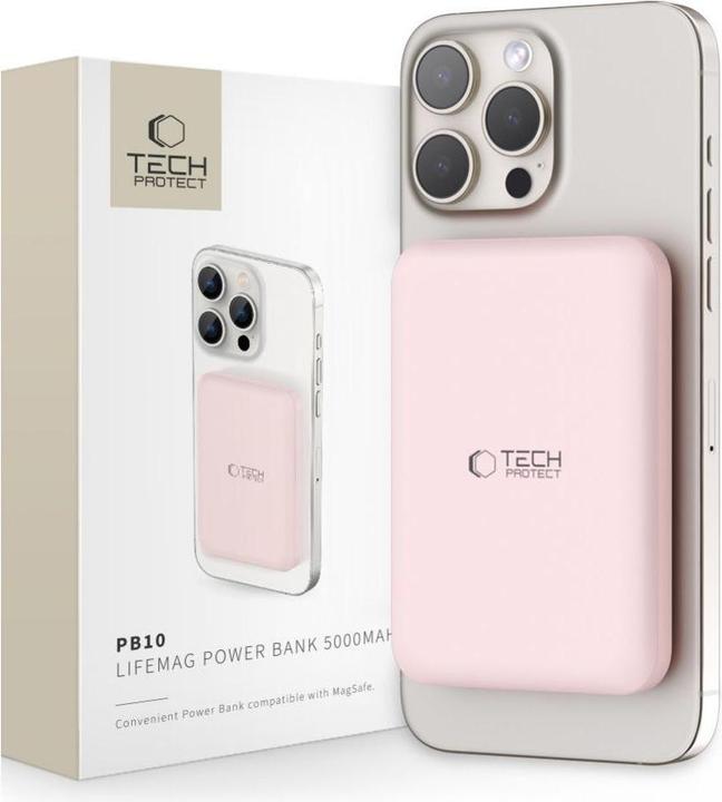 Actual product image Tech-Protect LifeMag PB10 Powerbank with MagSafe 5000mAh 15W USB-C port - pink + USB-C cable (5000 mAh, 15 W)