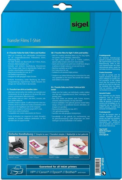 Image du produit Sigel Films de transfert à jet d'encre pour T-shirts (197 g/m², 10 x)