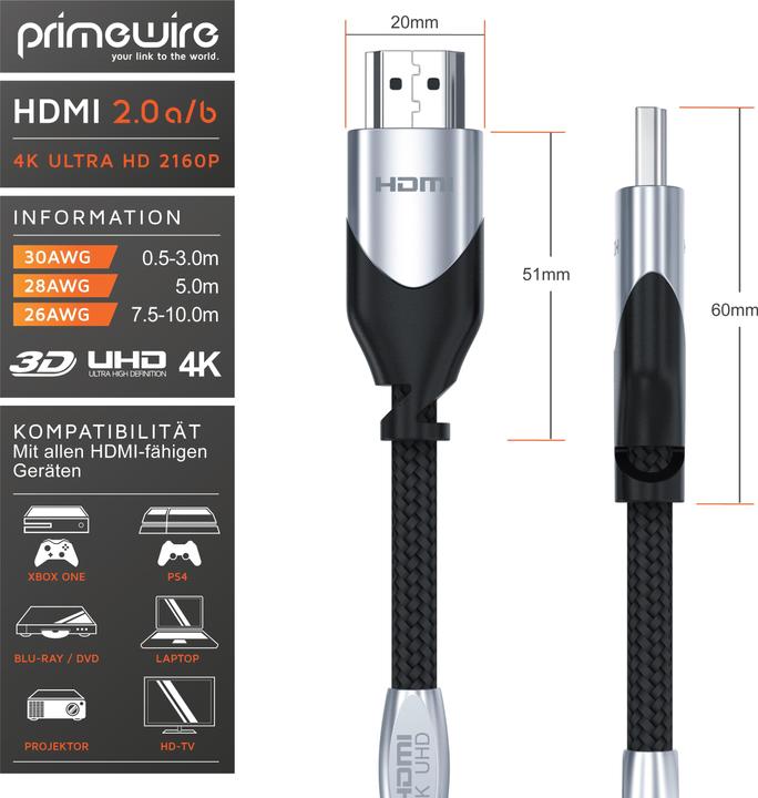 Immagine prodotto Primewire Cavo HDMI 2.0b - 4k 60Hz Ultra HD - Ethernet Highspeed - 3 x schermato - Full HD - 3D - ARC (7.50 m, HDMI)