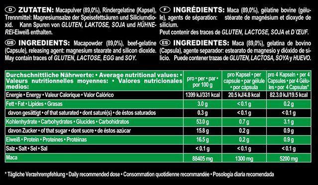 Nutritional values and ingredients IronMaxx Maca Origin 1300 Tricaps® (260 capsules à 1460mg (Tricaps®) (260 Piece, Capsules)