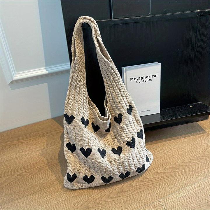 Actual product image Only-Bags.Store Minimalist hobo bag with love pattern, knitted shopping bag, lightweight holiday bag