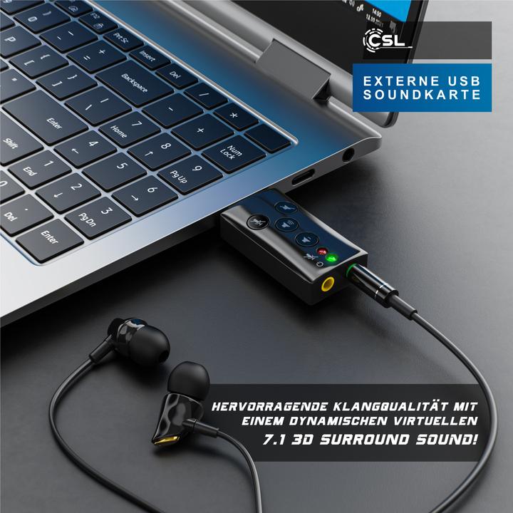 Produktbild CSL USB Soundkarte Virtual 7.1 Surround Sound, Extern, Funktionstasten, Dynamic 3D, schwarz (USB 2.0)