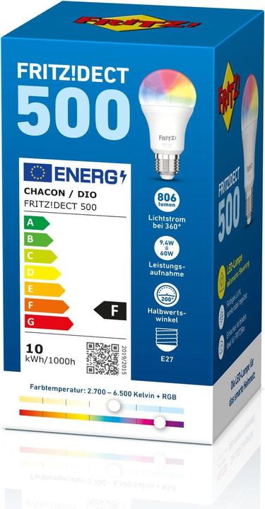Produktbild AVM Leuchtmittel FRITZ!DECT 500 International (E27, 9.40 W, 806 lm, 1 x, F)
