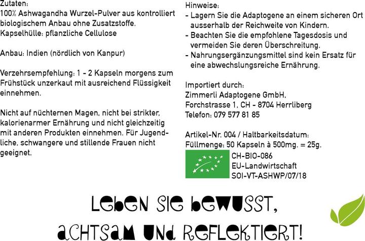 Valeurs nutritives et ingrédients Zimmerli Adaptogene Ashwagandha en gélules (BIO) 50 gélules (1 pièce(s), Capsules, 25 g)