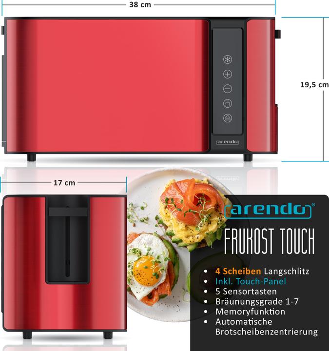 Image du produit Arendo Grille-pain en acier inoxydable 4 tranches à fente longue, support à petits pains, écran avec