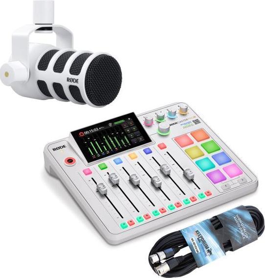 Produktbild RØDE Rodecaster Pro II Weiss mit Podmic Weiss und Kabel