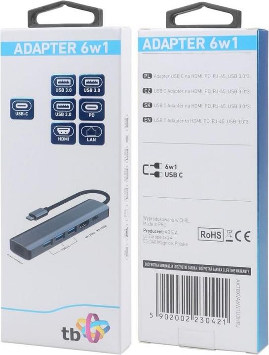 Produktbild Lenovo Adapter HUB USB C 6in1 - HDMI, USBx3, PD, RJ-45 (USB-C, 6 Ports)