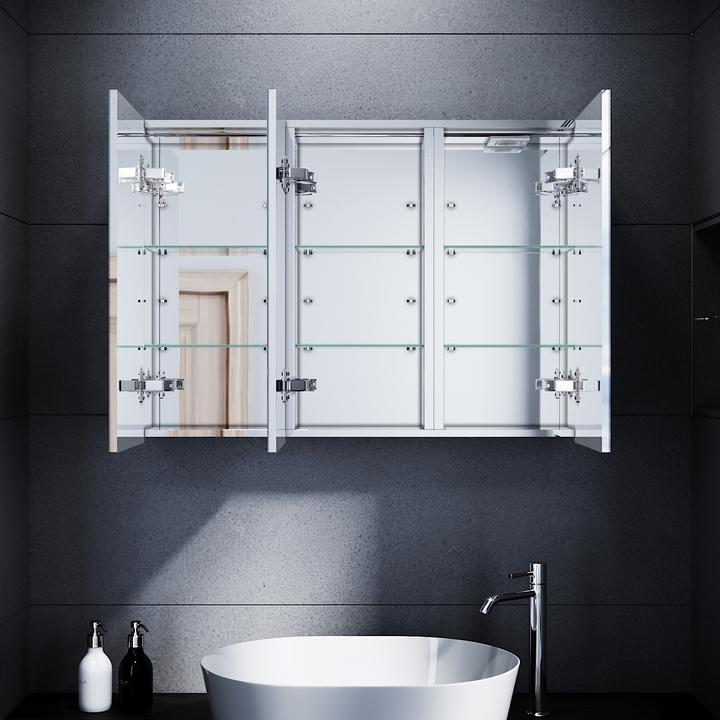 Produktbild SONNI LED-beleuchteter Spiegelschrank, 90 x 65 cm, 3 Türen Edelstahl, Badezimmerspiegelschrank mit S