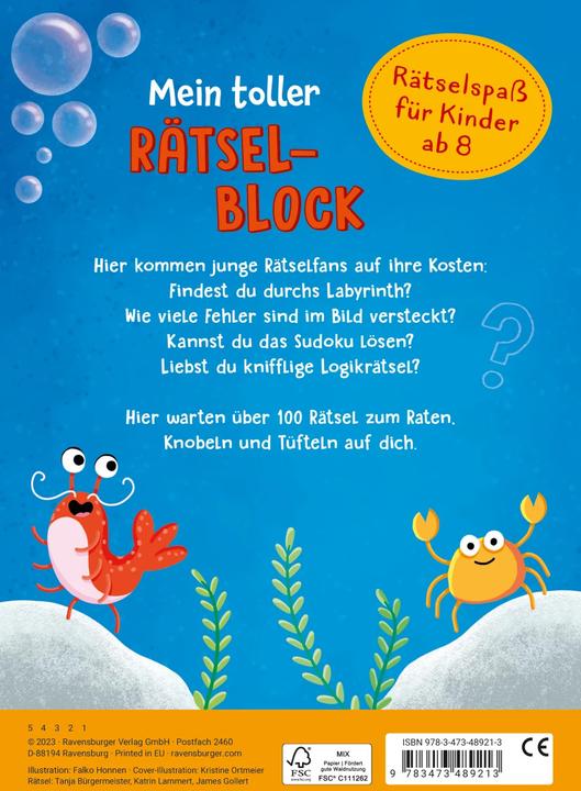 Image du produit Ravensburger Mein toller Rätselblock ab 8 Jahre über 100 Rätsel und Knobeleien - Sudoku, Logicals (Allemand, Katrin Lammert, Maire de Tanja, Les cornes de Falco, James Gollert, Kristine Ortmeier, 2023)