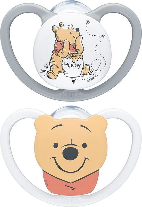 Produktbild NUK Disney Winnie Puuh Space Silikon-Schnuller, kiefergerechte Form, 6-18 Monate, 2 Stück, grau & we (2 x, 6 - 18 Monate)