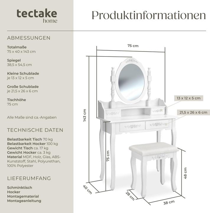 Actual product image tectake Dressing Table (75 x 40 x 143 cm)